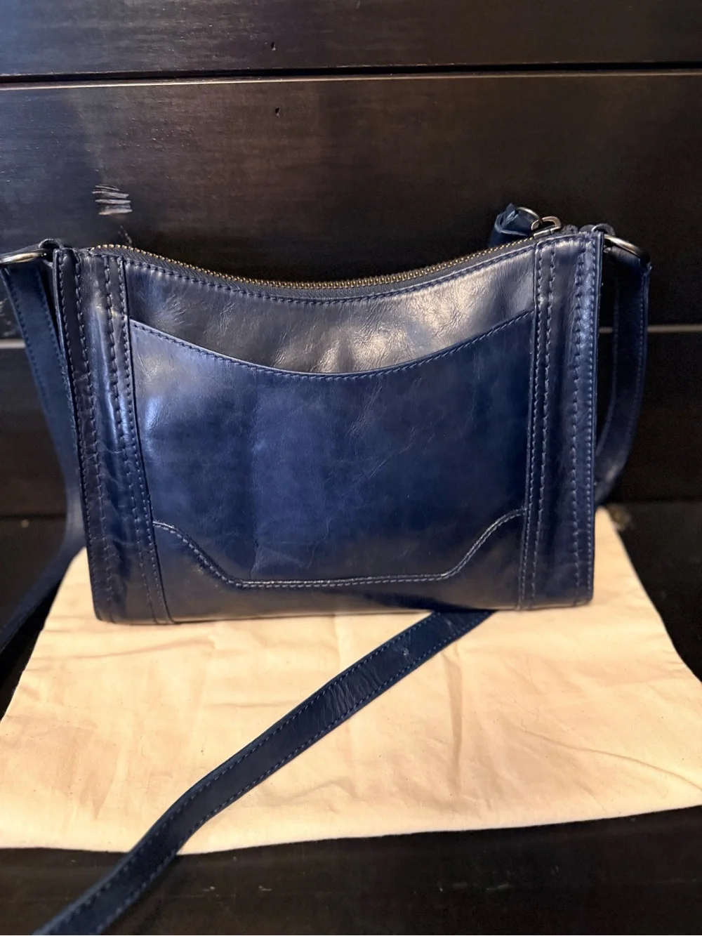 Frye Melissa zip Navy Leather Crossbody with Front Pocket